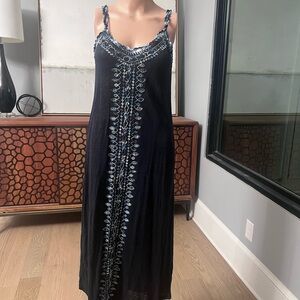 Calypso St. Barth Black Maxi Dress with Blue Embroidery
